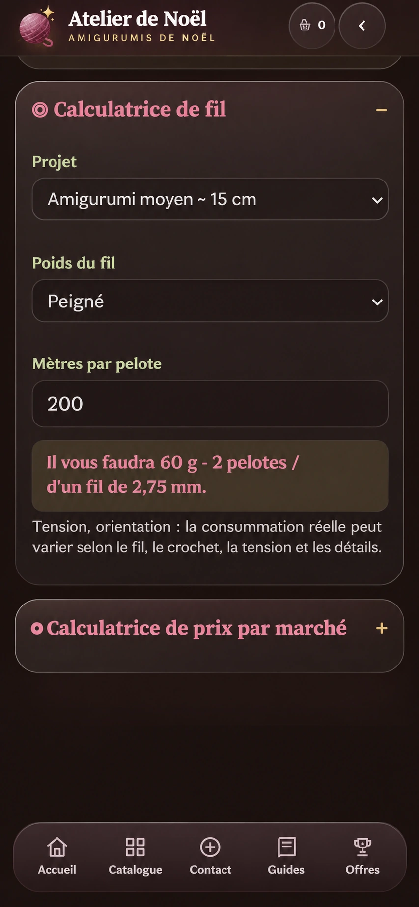 Application Atelier de Noël : calculateur de fil pour un amigurumi moyen