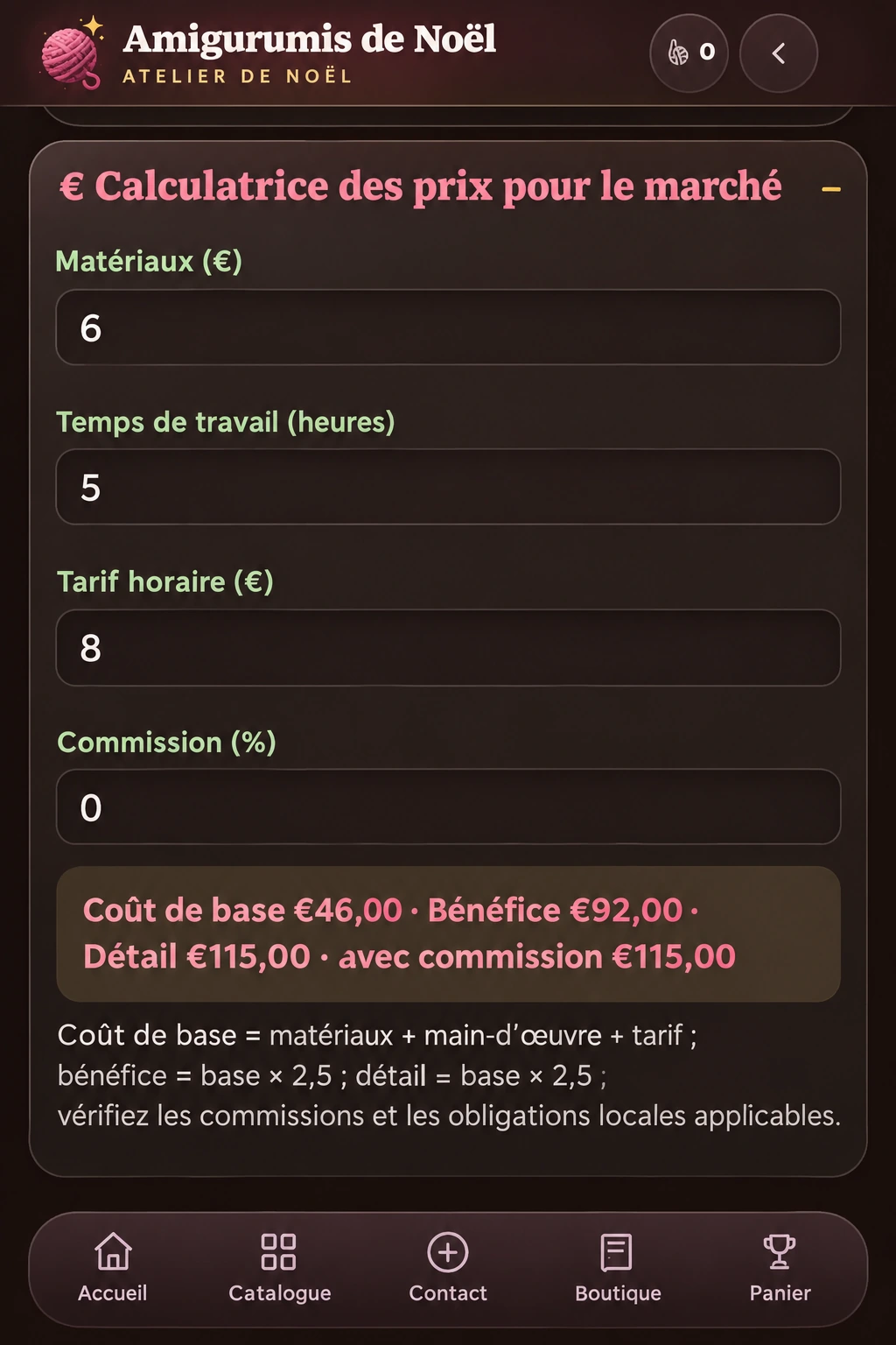 Application Atelier de Noël : calculateur de prix pour le marché