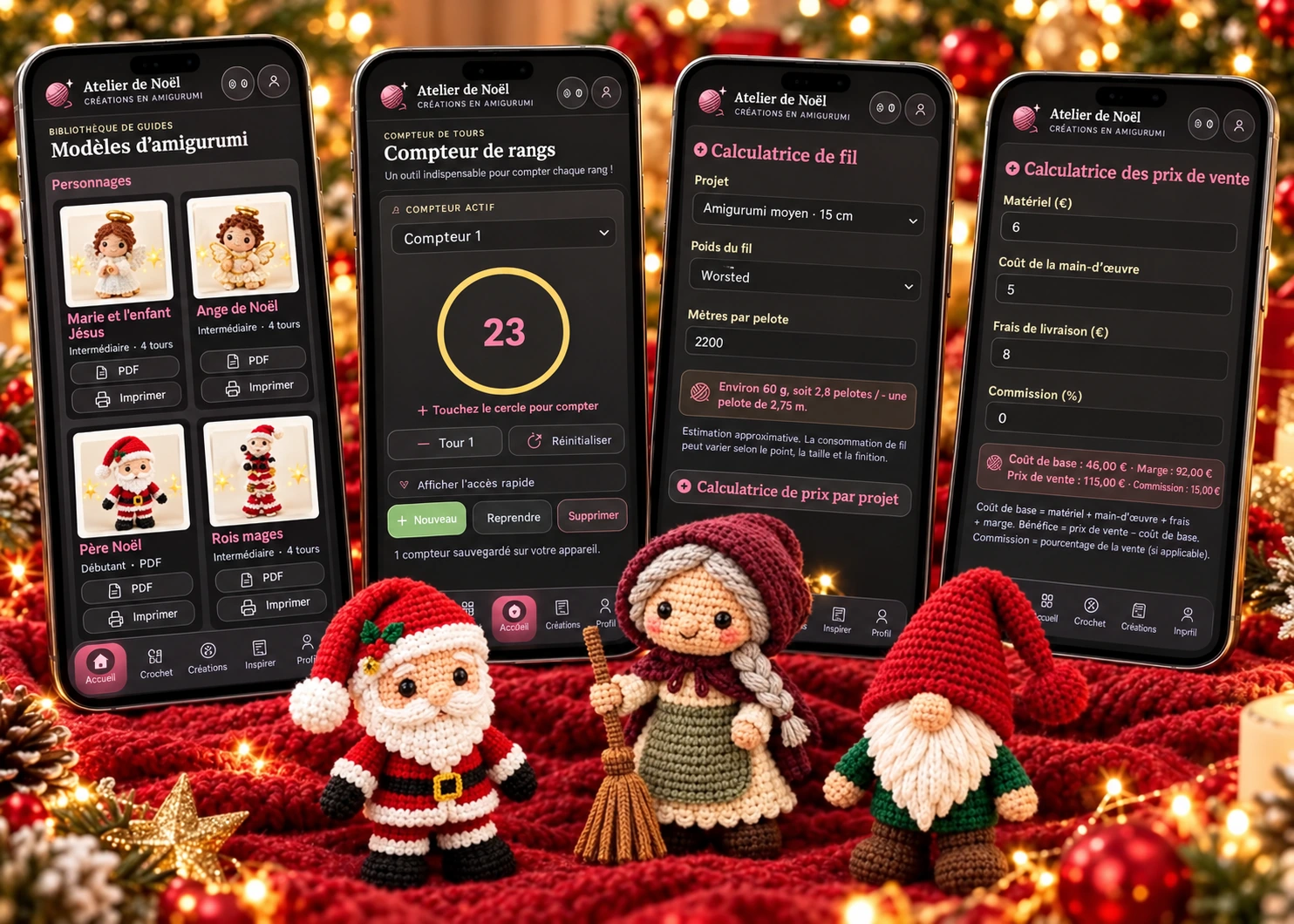L'application Atelier de Noël sur quatre téléphones : les patrons, le compte-tours, le fil et le calcul du prix, avec le Père Noël, la Befana et un nain au crochet