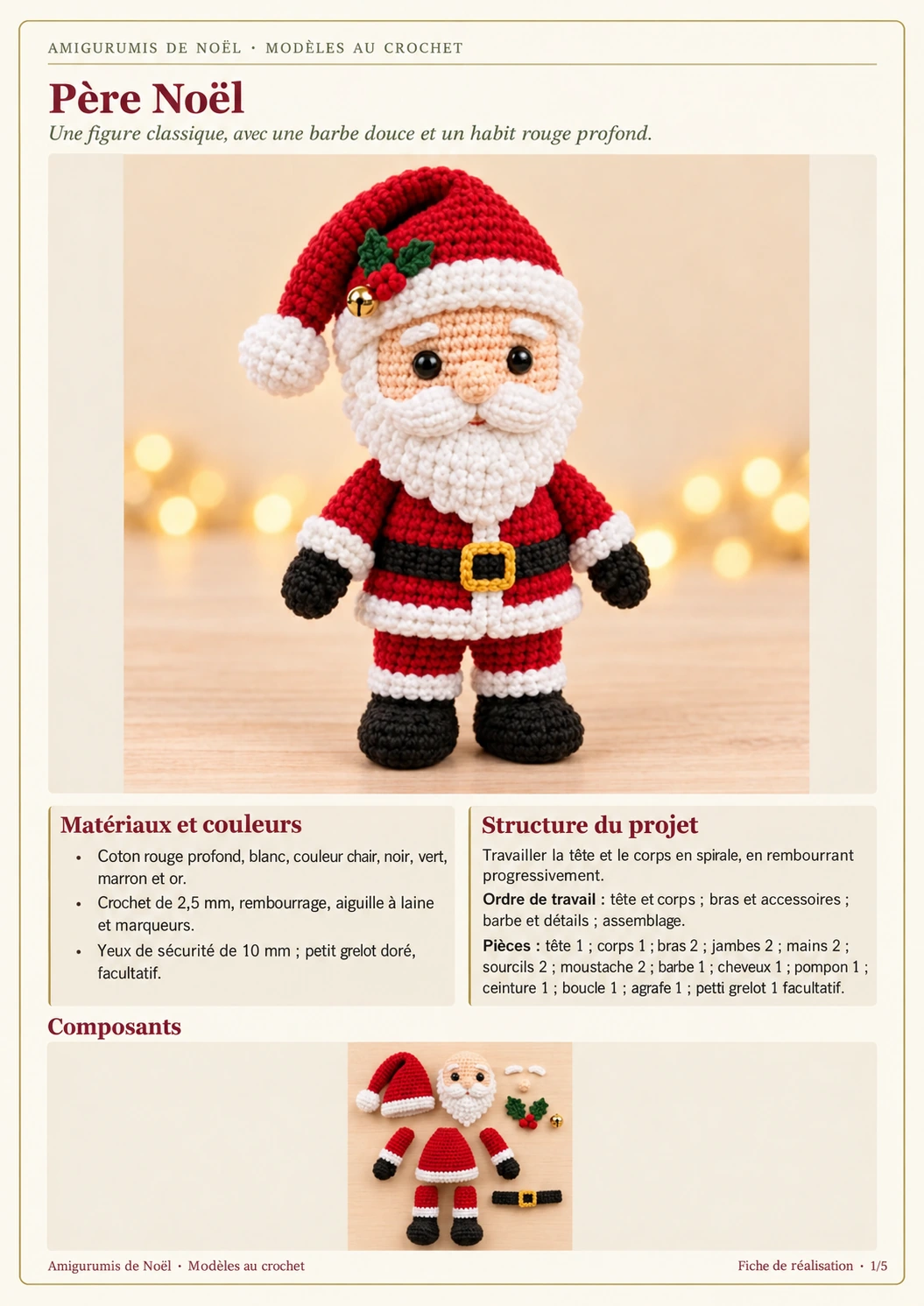 Page 1 du PDF du Père Noël : photo du modèle, matériaux et composants