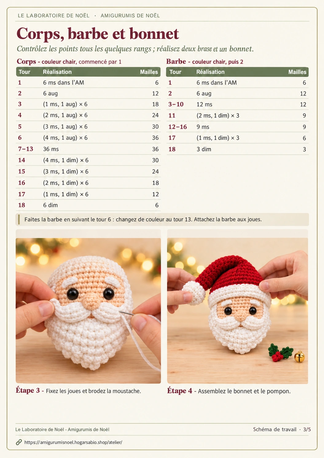 Page 3 du PDF du Père Noël : corps et bras avec photos des étapes 3 et 4